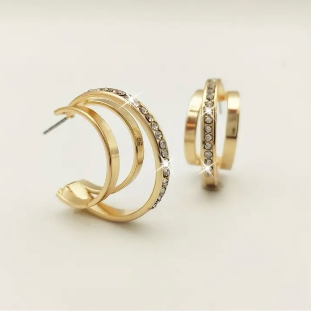 Gold And Rhinestone Triple Layered Hoop Earrings - Picture 3 of 4